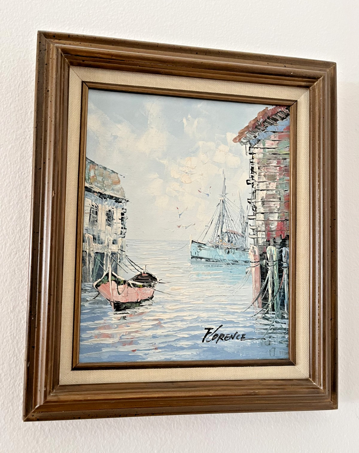 VTG Framed Fishing Boat Harbor Oil Painting Signed New England Coastal Art