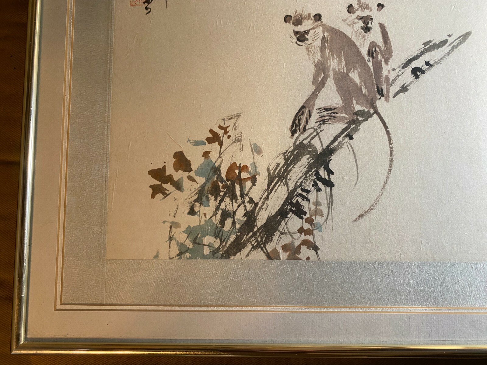 1984 «Monkey On Branch Scene» Asian Watercolor Painting – Signed And Framed