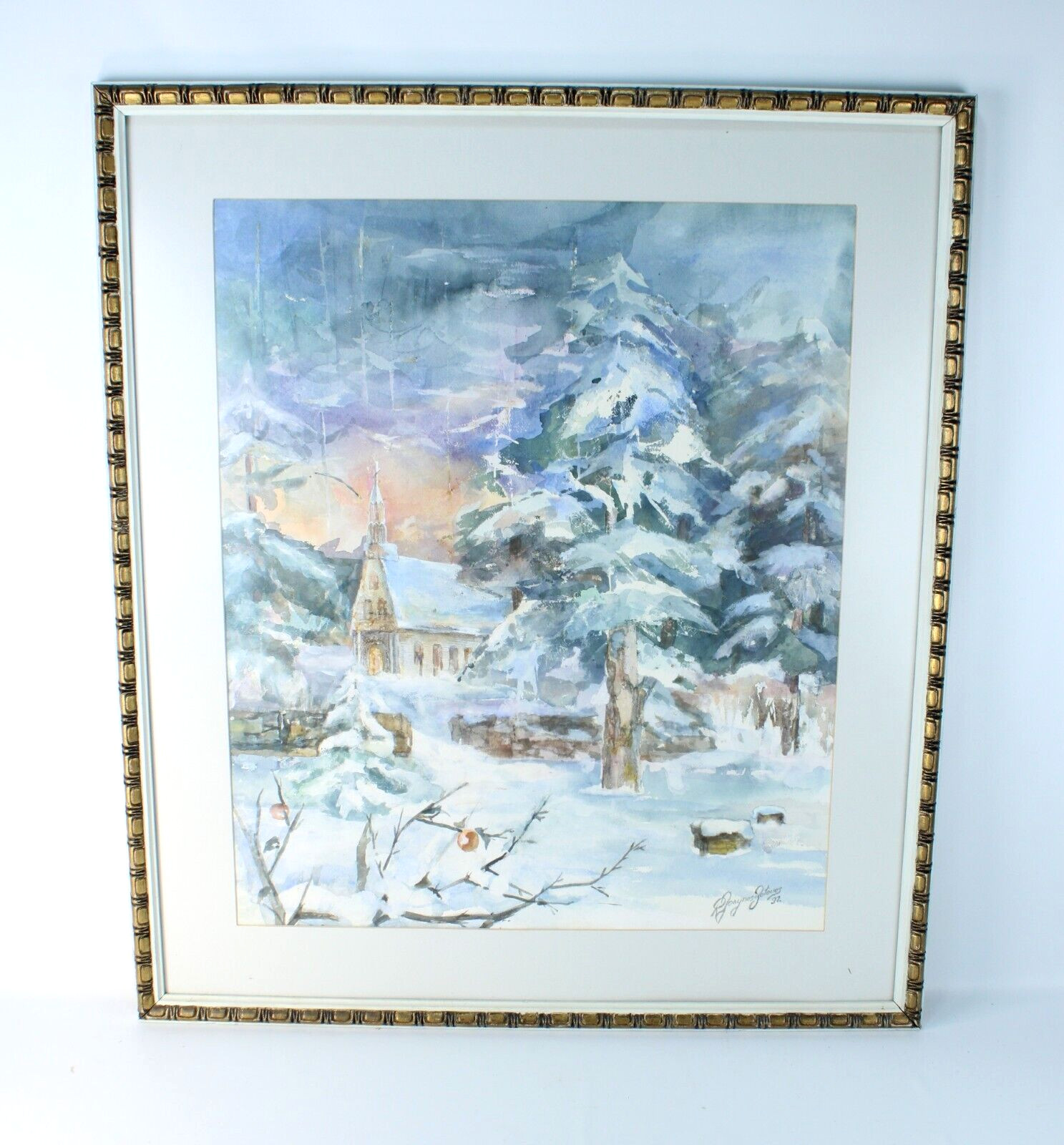 Large Winter Scene Church Mountains Watercolor Painting Signed Illegible 97