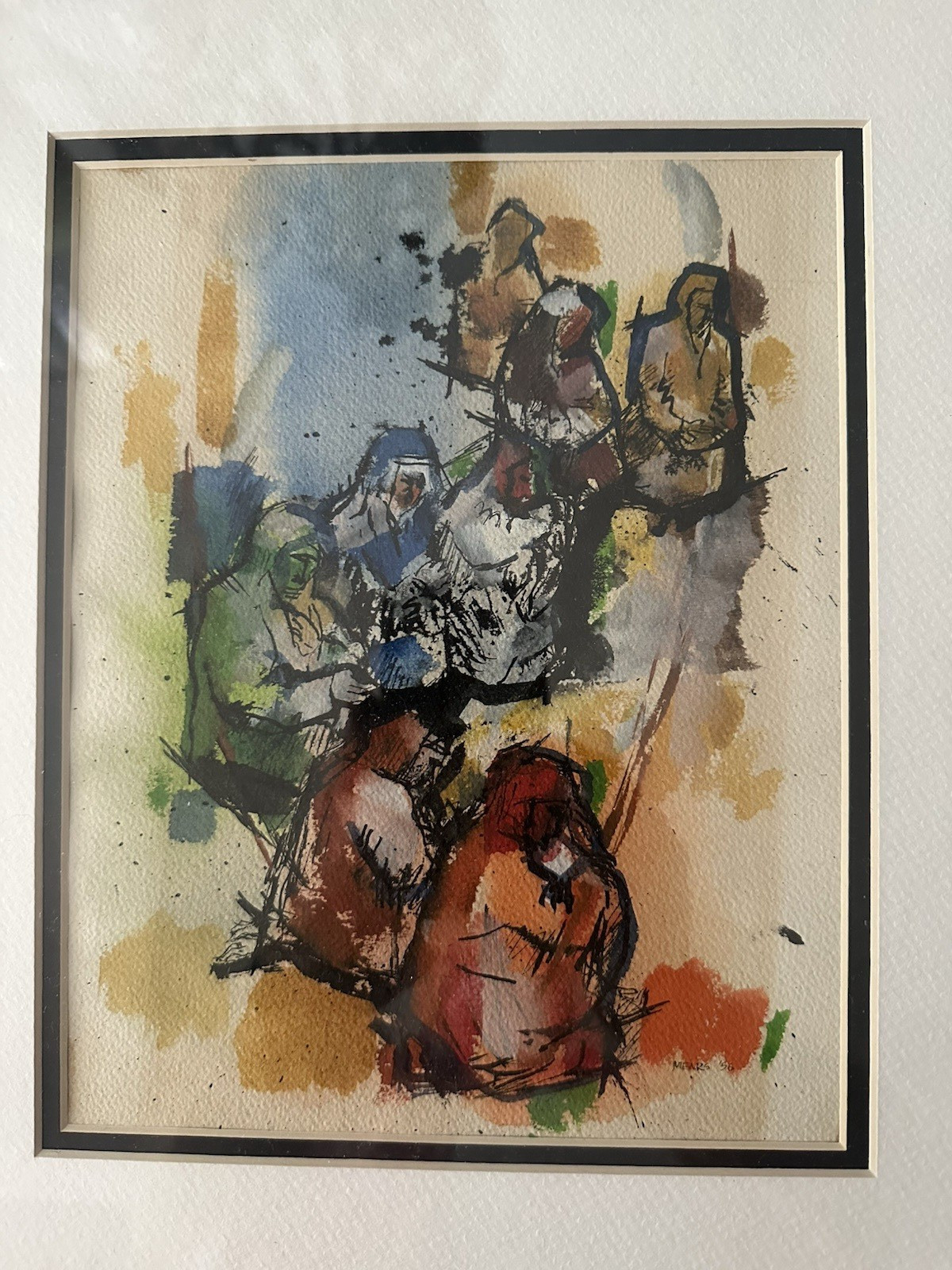 Herb Mears 1956 Original Signed Ink and Watercolor Praying Clergy People