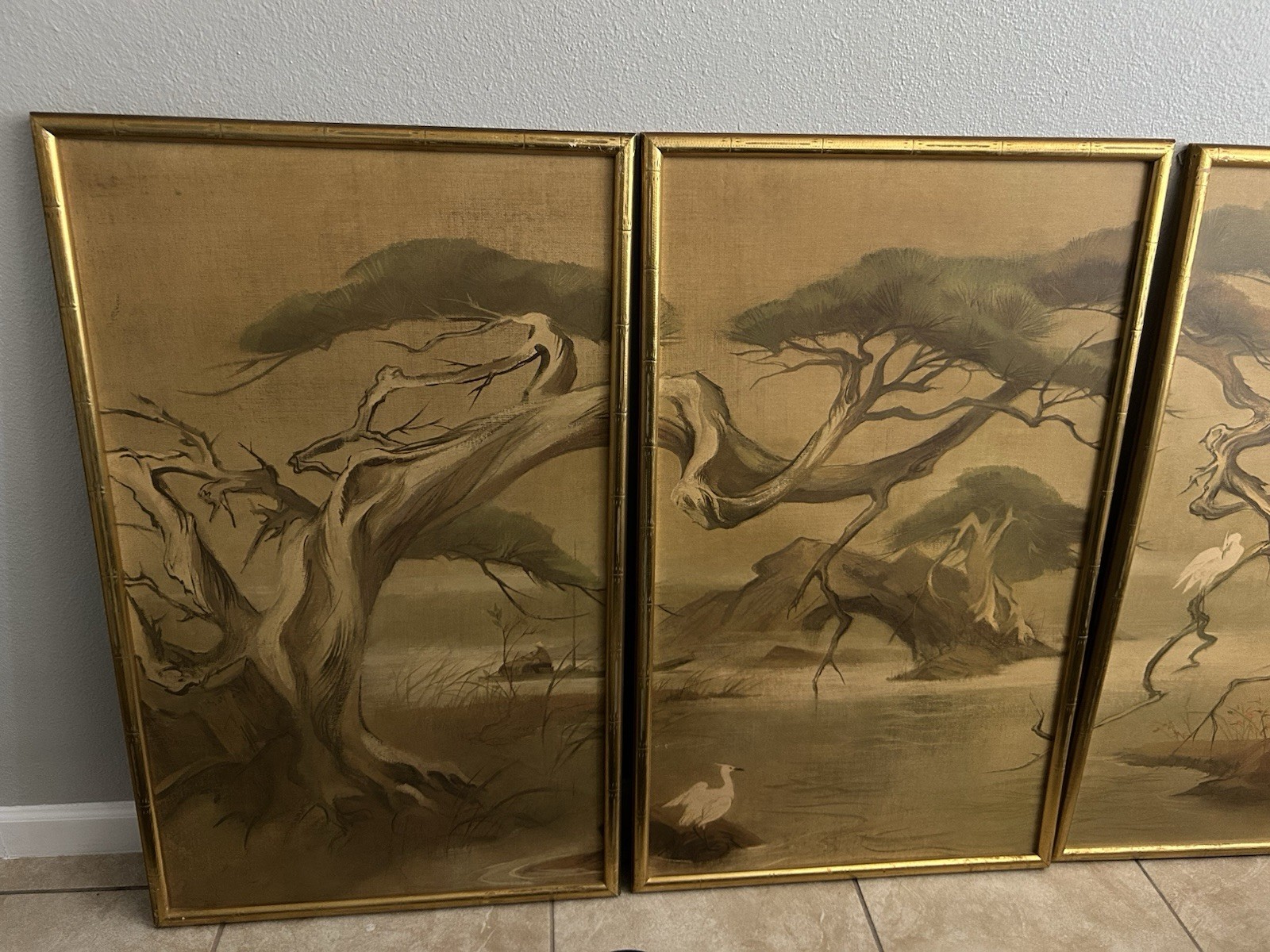 Set of 4 Framed Landscape Tree & Birds Wall Art Panels Realism Nature