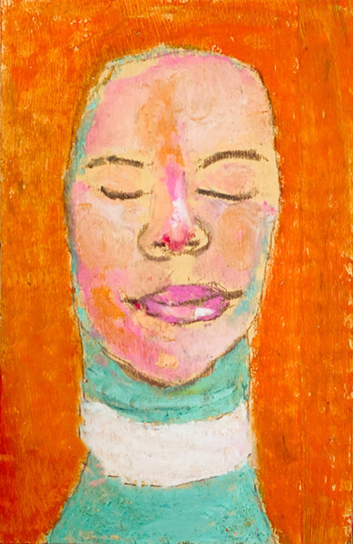 Blissful Woman Portrait Painting 4×6 Naive Original Art Orange Green