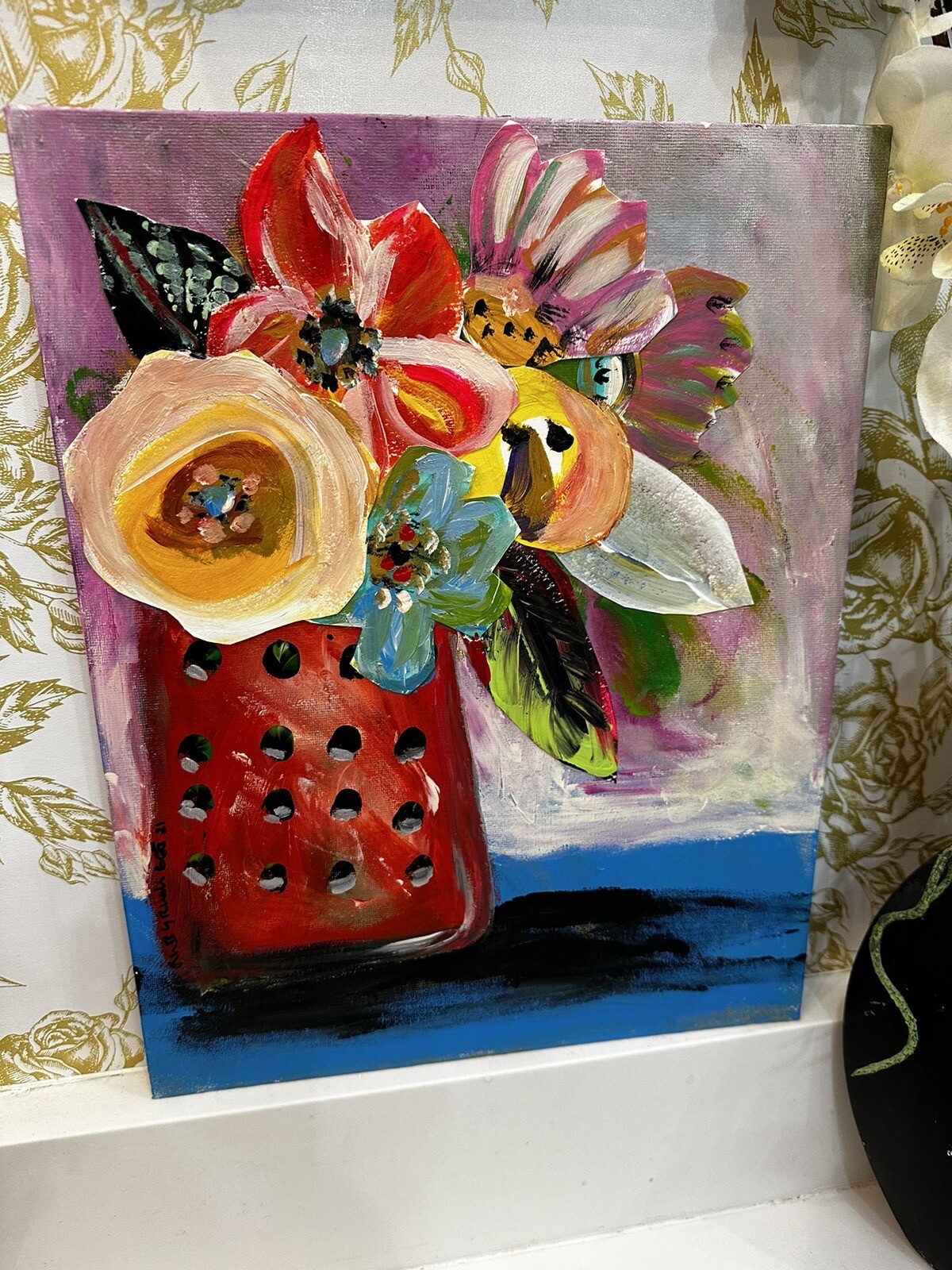 Art Hand Painted Artwork Hand Made Paper Collage Flowers On Board OOAK Signed
