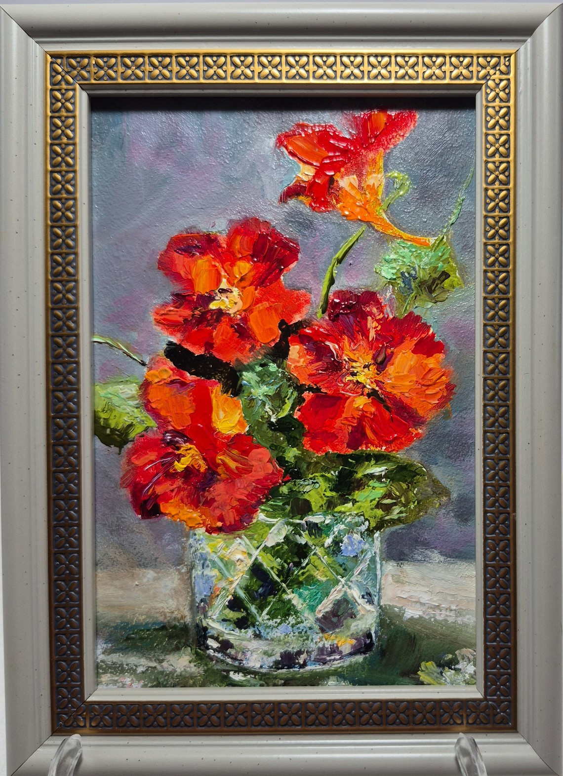 Original autographed oil painting in a frame. Flowers in a crystal vase 6х4