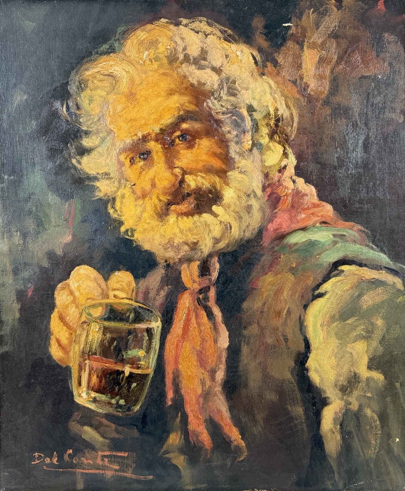 European mid 20C, Del Conte, Vintage Oil Painting, Portrait of an Old Man w/ Mug