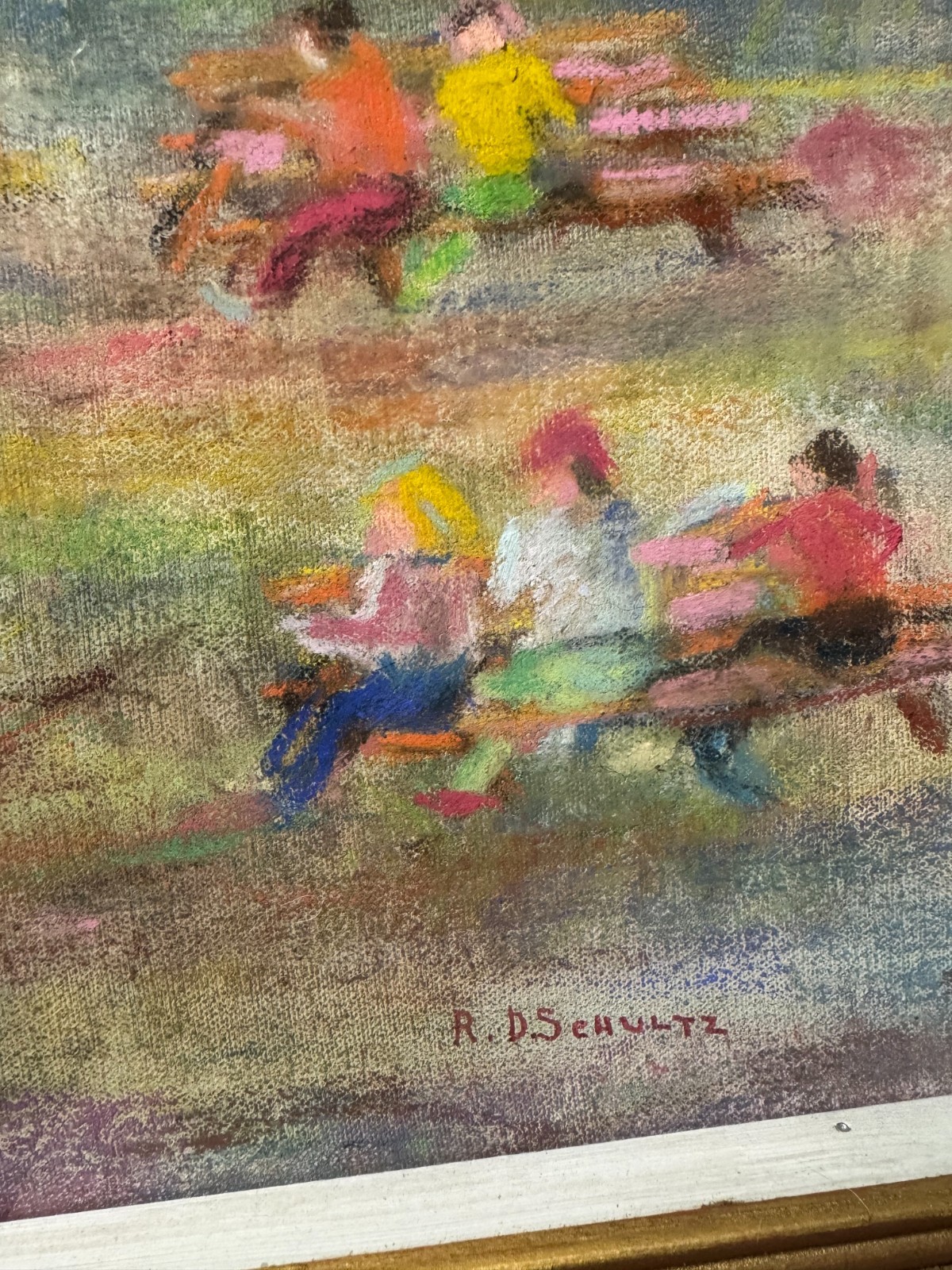 Huge Richard D. Schultz (1915 – 2007) «Children In Park» Pastel Painting -Framed