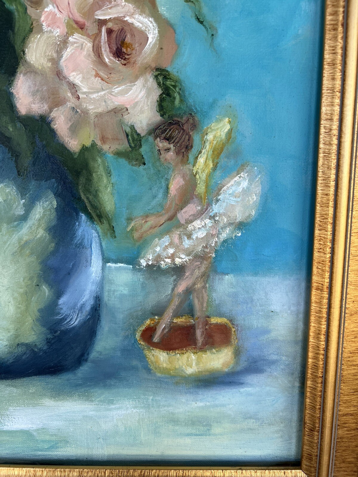Framed 21-1/2 x 25-1/2 Oil Painting Signed Emmy Corvery Flowers Vase Angel Beaut