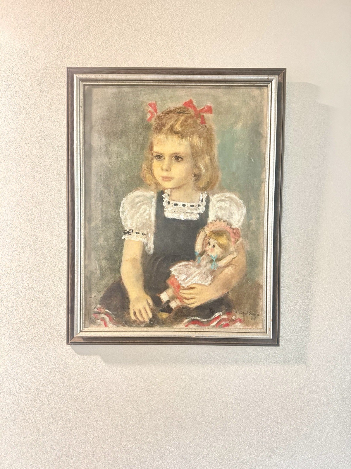 Poignant European Wartime Girl with Doll 1940s Signed Modernist Oil Portrait