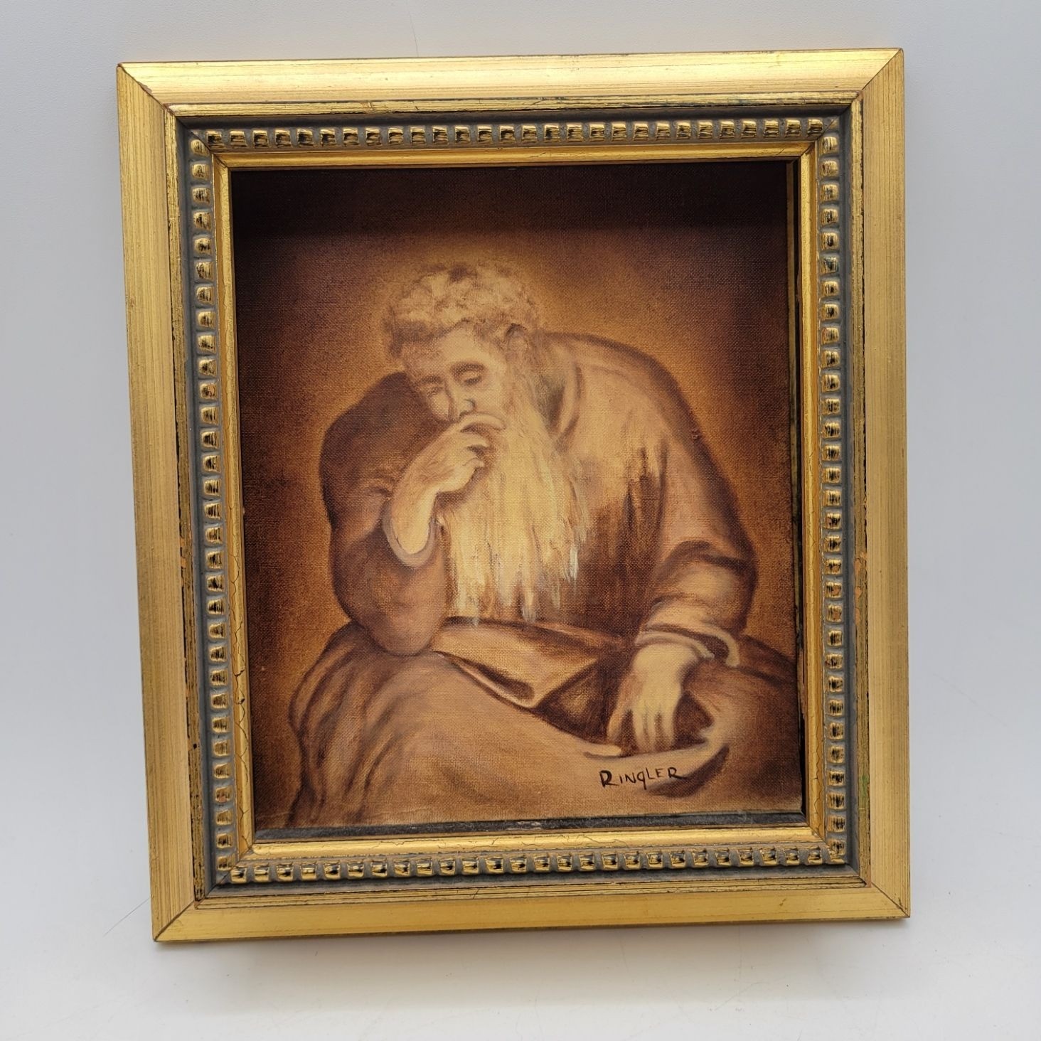 Vintage Sepia-Toned Framed Oil on Canvas Based on Michelangelo’s Jeremiah Fresco