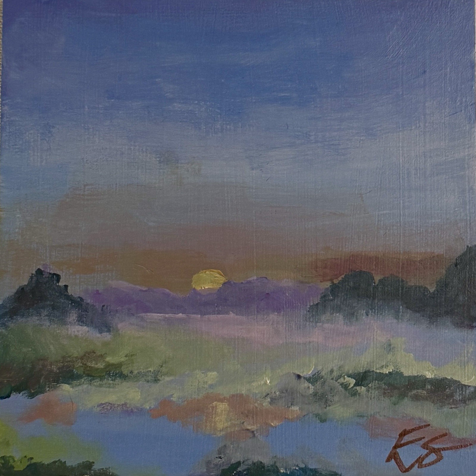 Original Small Acrylic Landscape Painting • Misty Sunrise Scene • Signed & COA