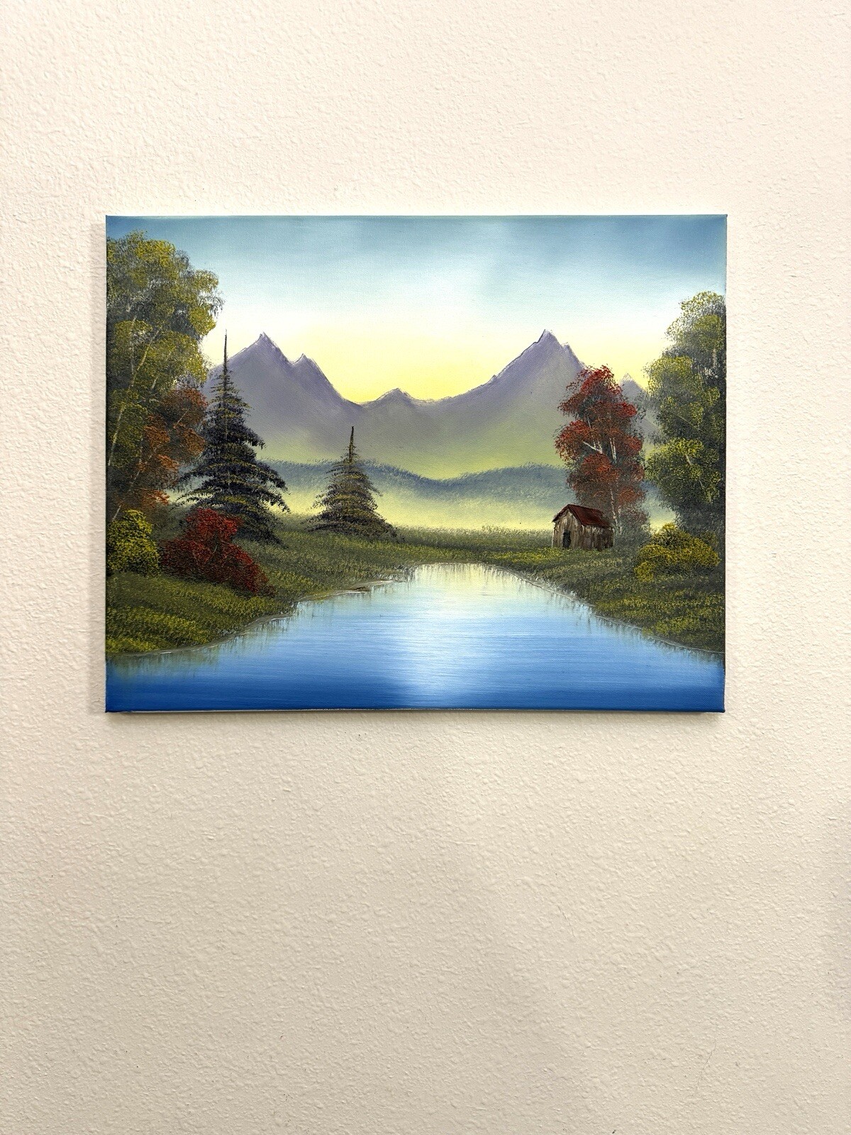 Bob Ross style Mountain Cabin landscape oil painting 16×20