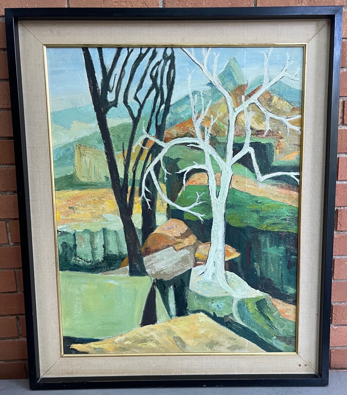 Vintage 1960s Abstract Landscape Oil Painting Modern Art Wall Hanging Signed