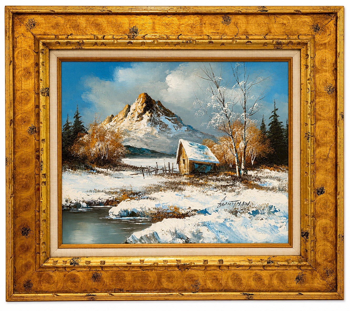 Vintage Original Oil Painting Signed Mountain Cabin Landscape in Rustic 25×29