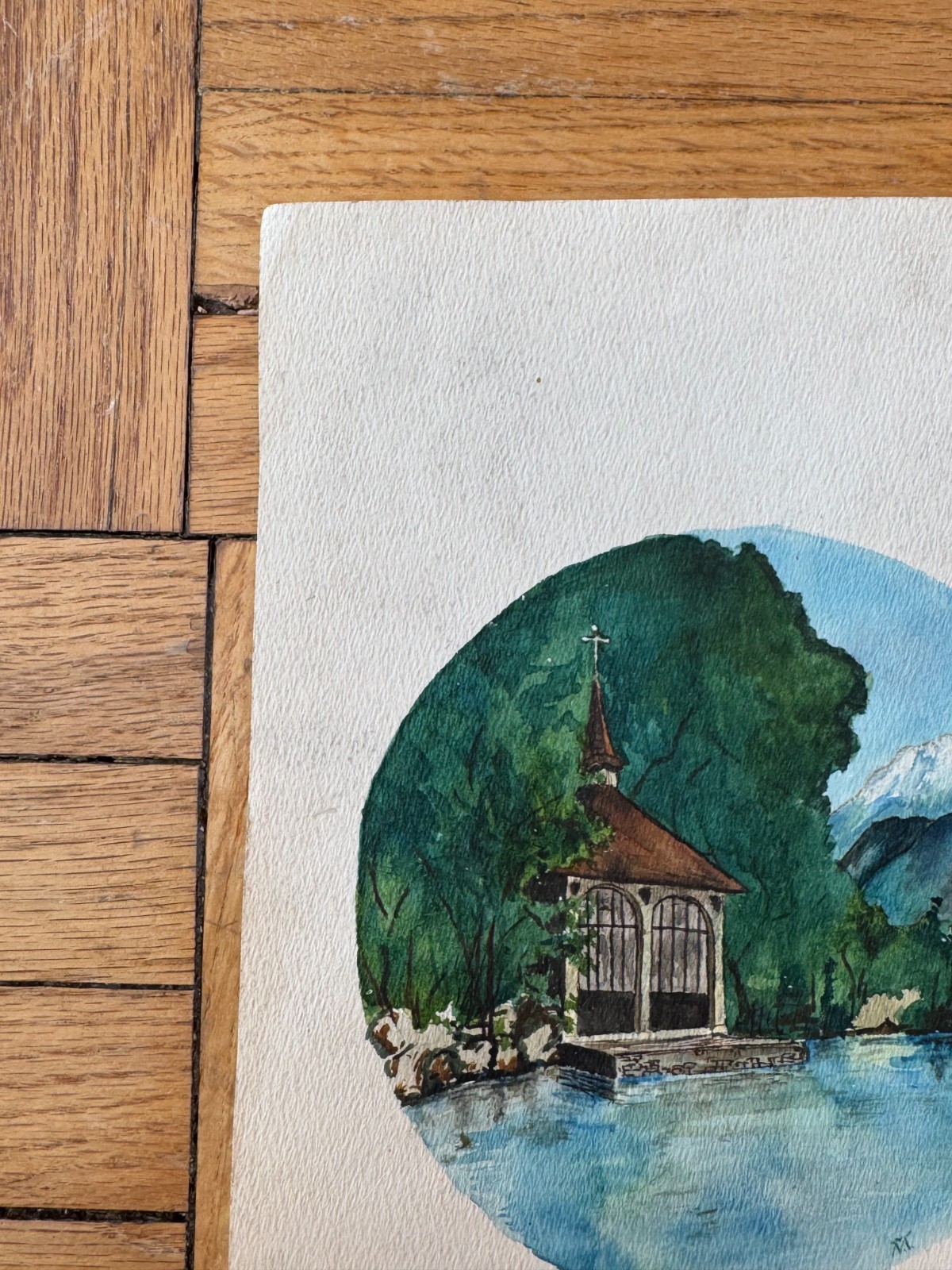 Antique 19th Cent Swiss Landscape Watercolor Painting Tellskapelle OOAK 6.5×9.5