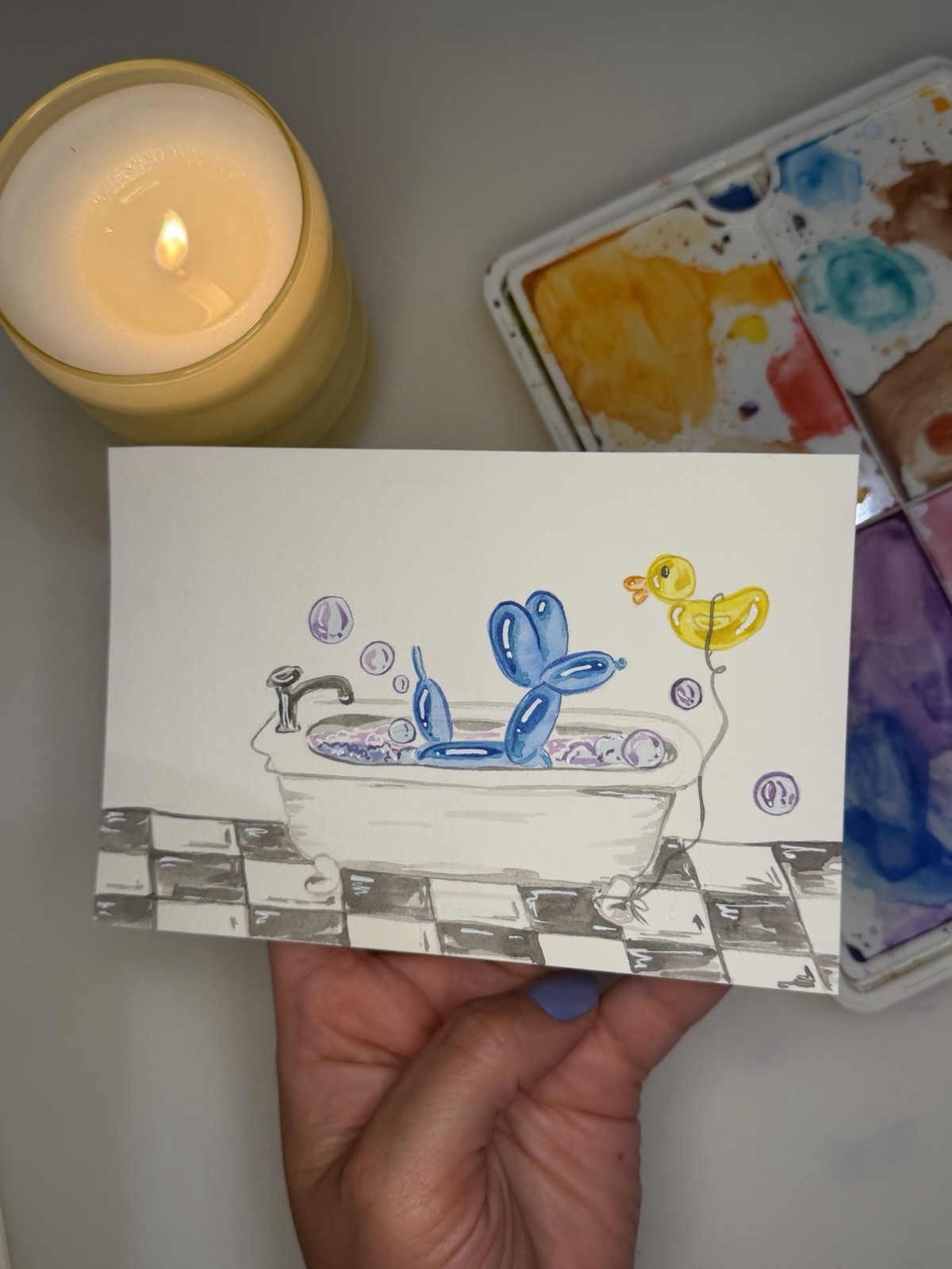 Original Small Watercolor Painting 6″ x 4″ Balloon dog In A bubble Bath