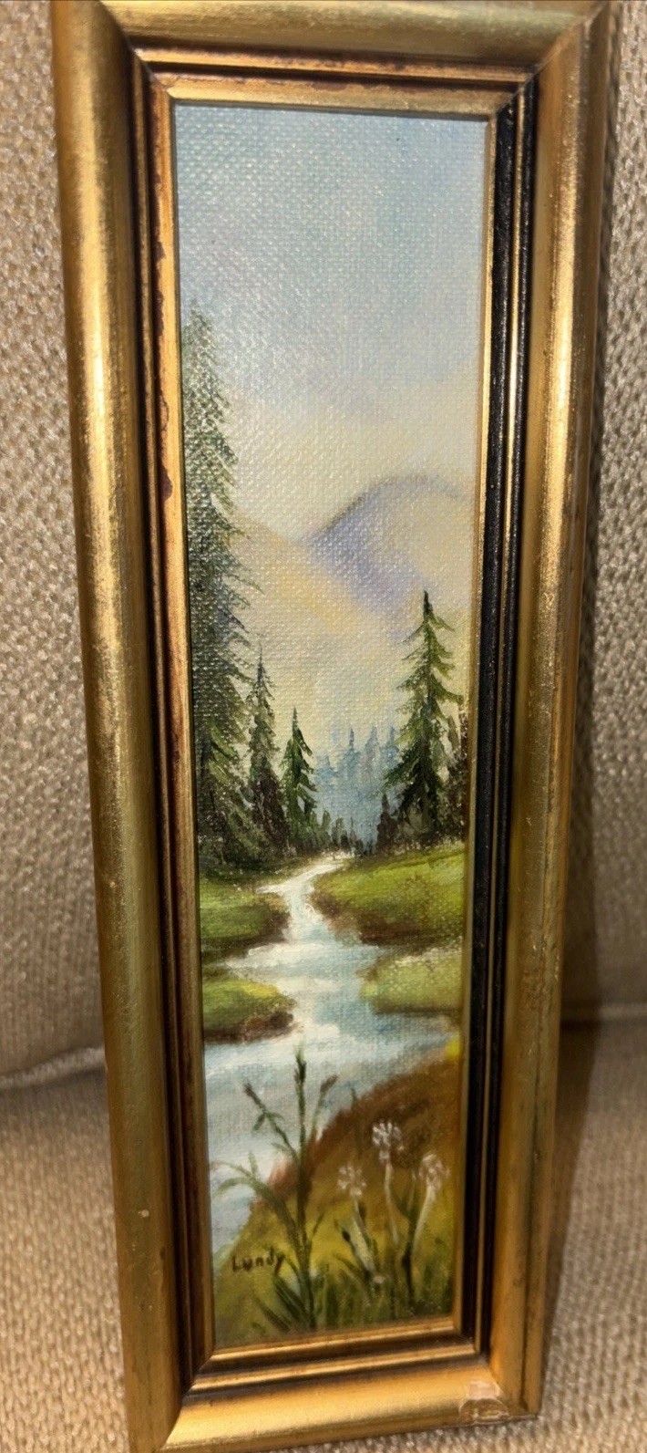 Vtg Original Oil Painting Forest Landscape Framed Signed Canvas 9” X 3” Lundy