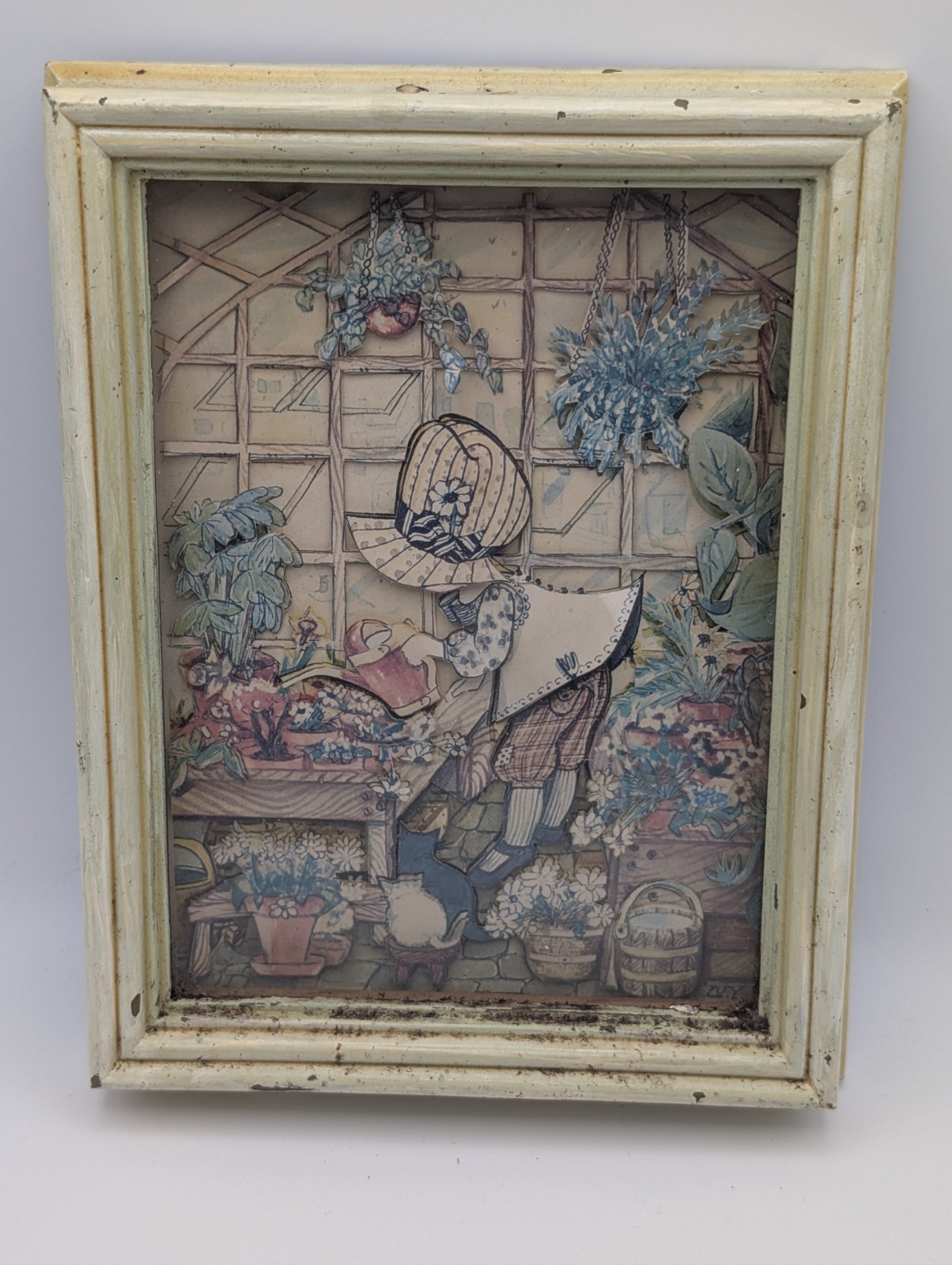 Vintage 3D Paper Tole Shadow Box Art Girl Greenhouse Garden Cats Wood Frame 10×8