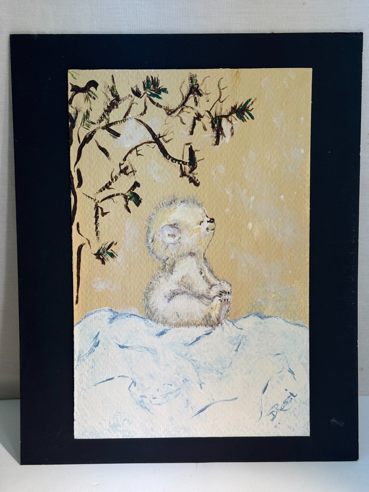 D. ROSSI OIL PAINTING HAPPY SMILING BABY POLAR BEAR CUB WINTER SPRING SNOW TREE
