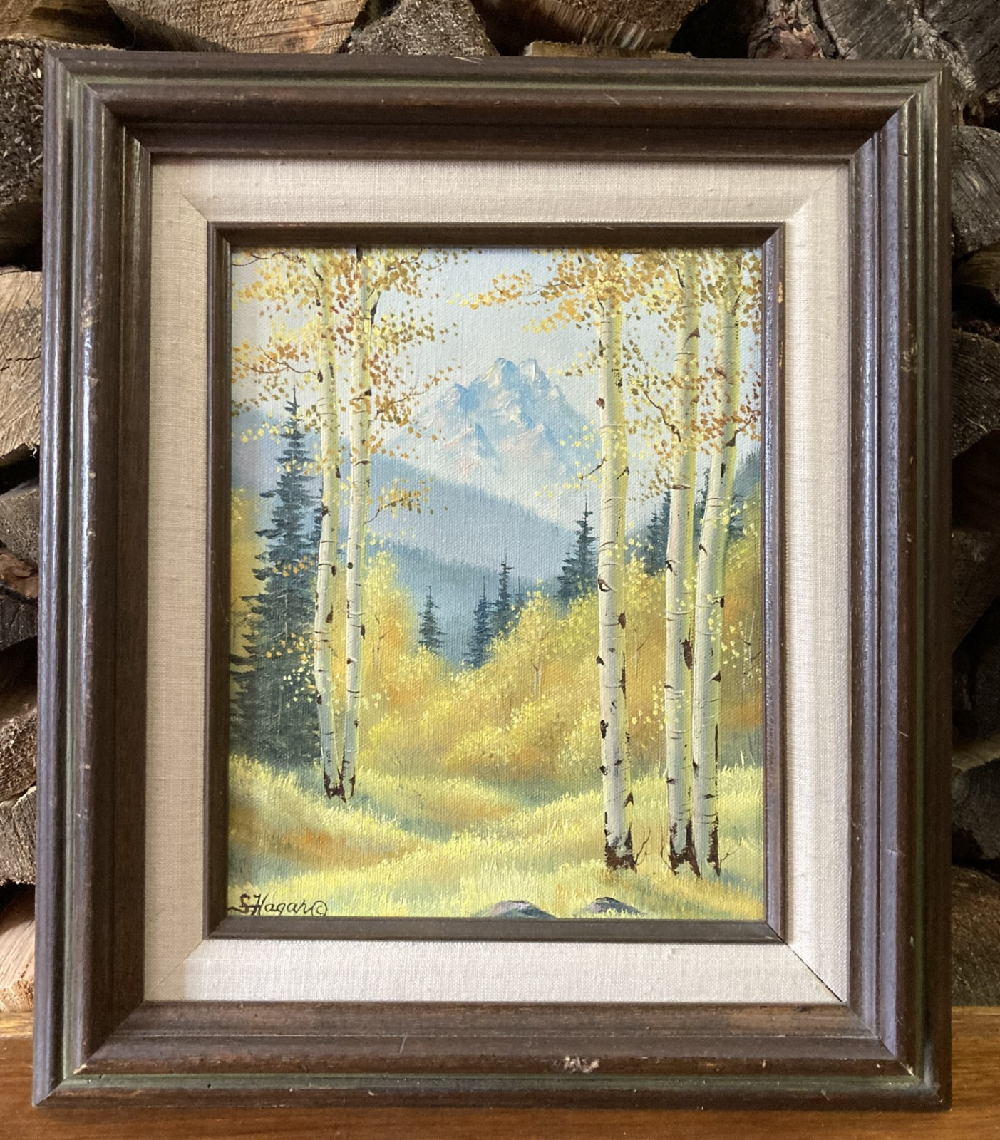 vintage oil landscape painting on canvas art fall aspens Colorado Rockies framed