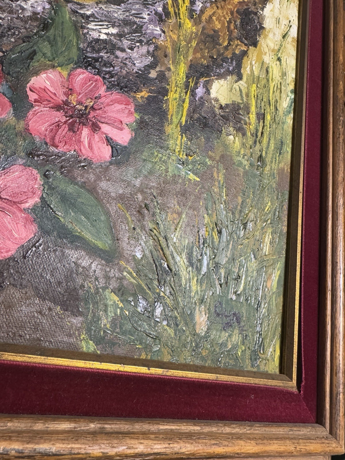 Original Abstract Painting Framed Nature Flowers 20×15” Colorful Textured Art
