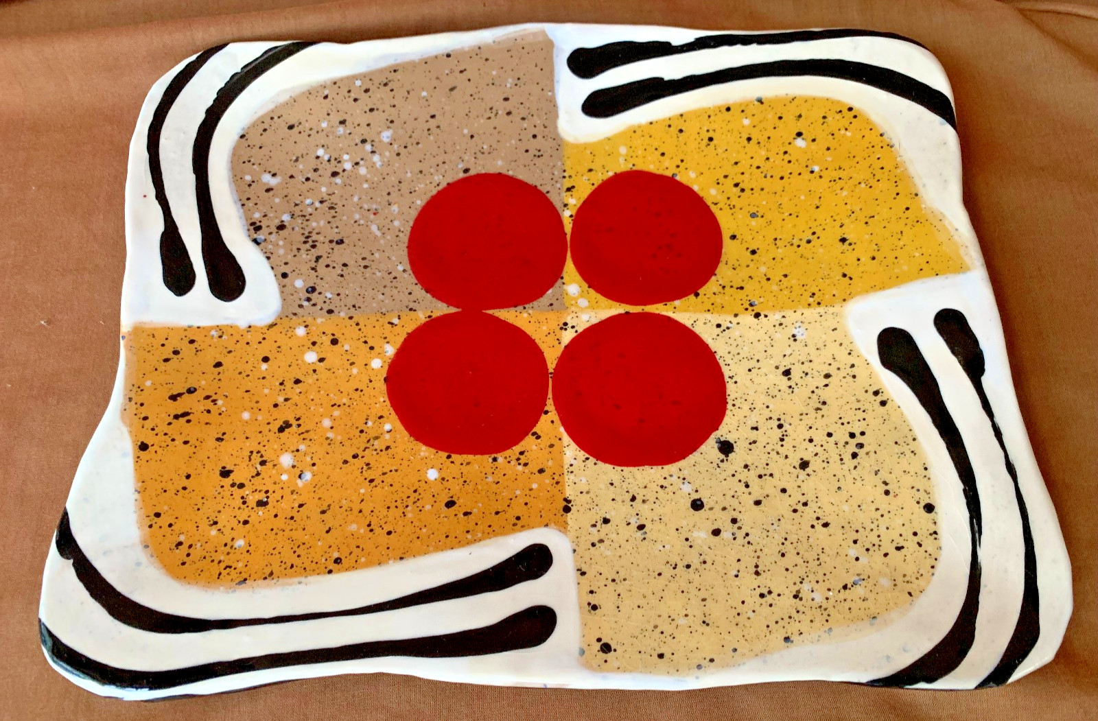 Listed Artist Jack Charney Mid Century Ceramic Tray Geometric Red Dots Ex Cond