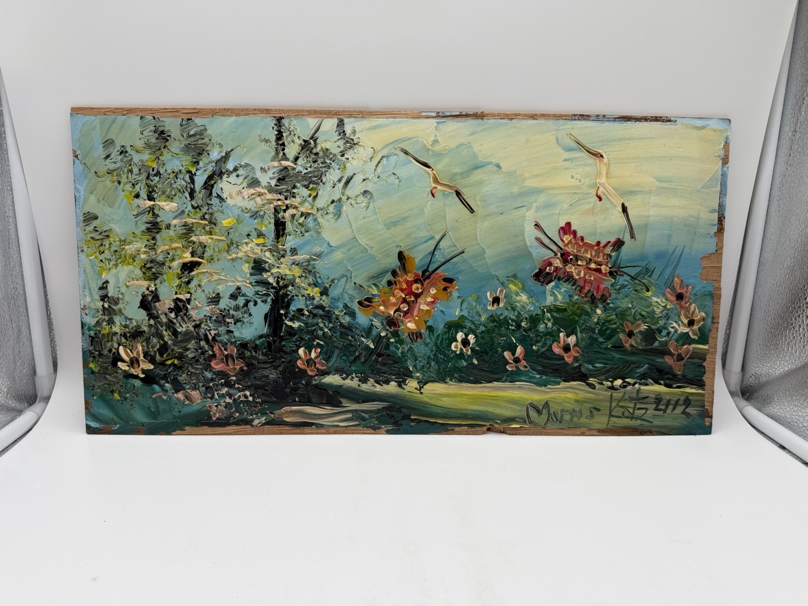 Morris Katz Original Signed Oil Painting Birds & Trees 20×10 Canvas Art