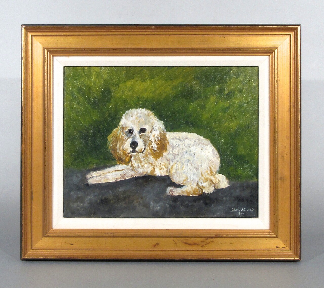 Vintage French Painting Oil, Portrait of a Dog French Poodle, Framed Signed 1998
