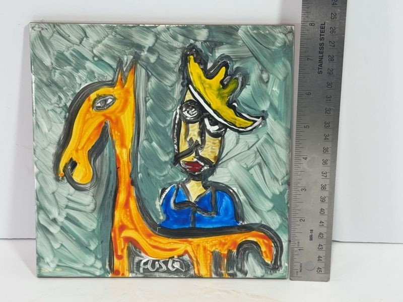 Jose Fuster Authentic Cuban Tile Painting Signed by Artist 8″ x 8″ Man and Horse