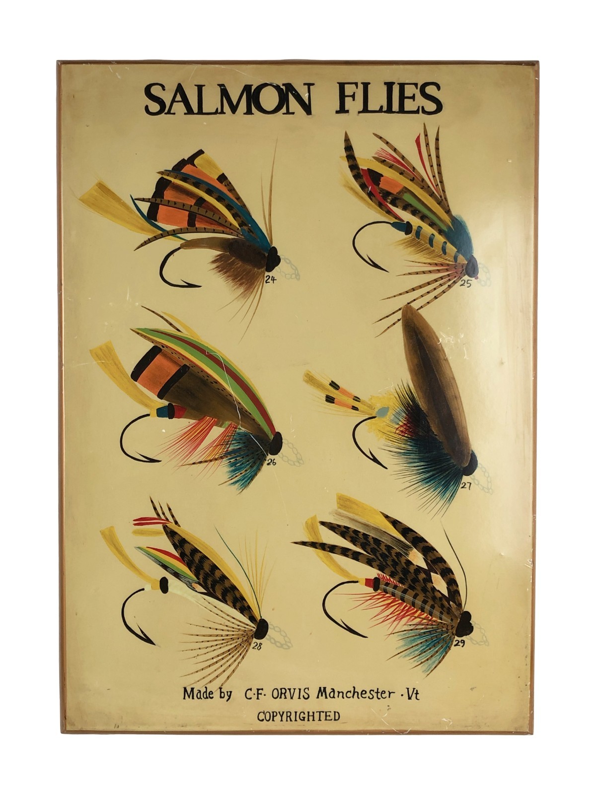 CF Orvis Salmon Flies Manchester VT Wooden Wall Hanging 17 x 24″