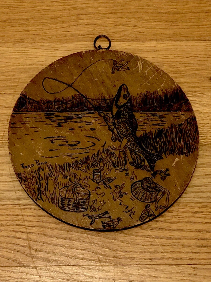 Pyrography Art Wood Burning plaque World Upside Down Fish Fishing Humans Comical