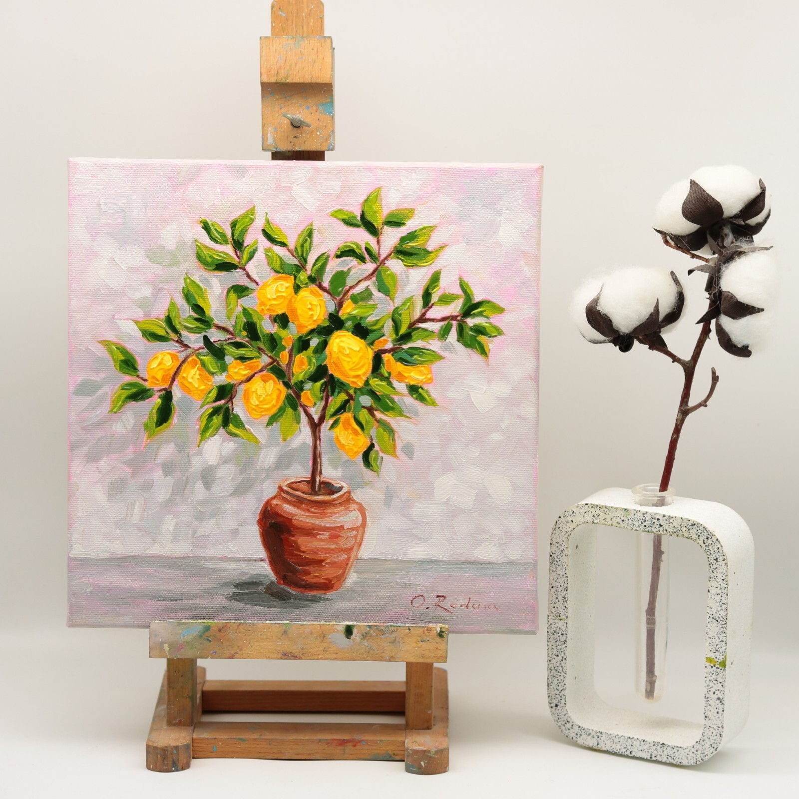 Original Lemon Tree Oil Painting on Canvas 10×10 Lemon Wall Art Lemon Tree