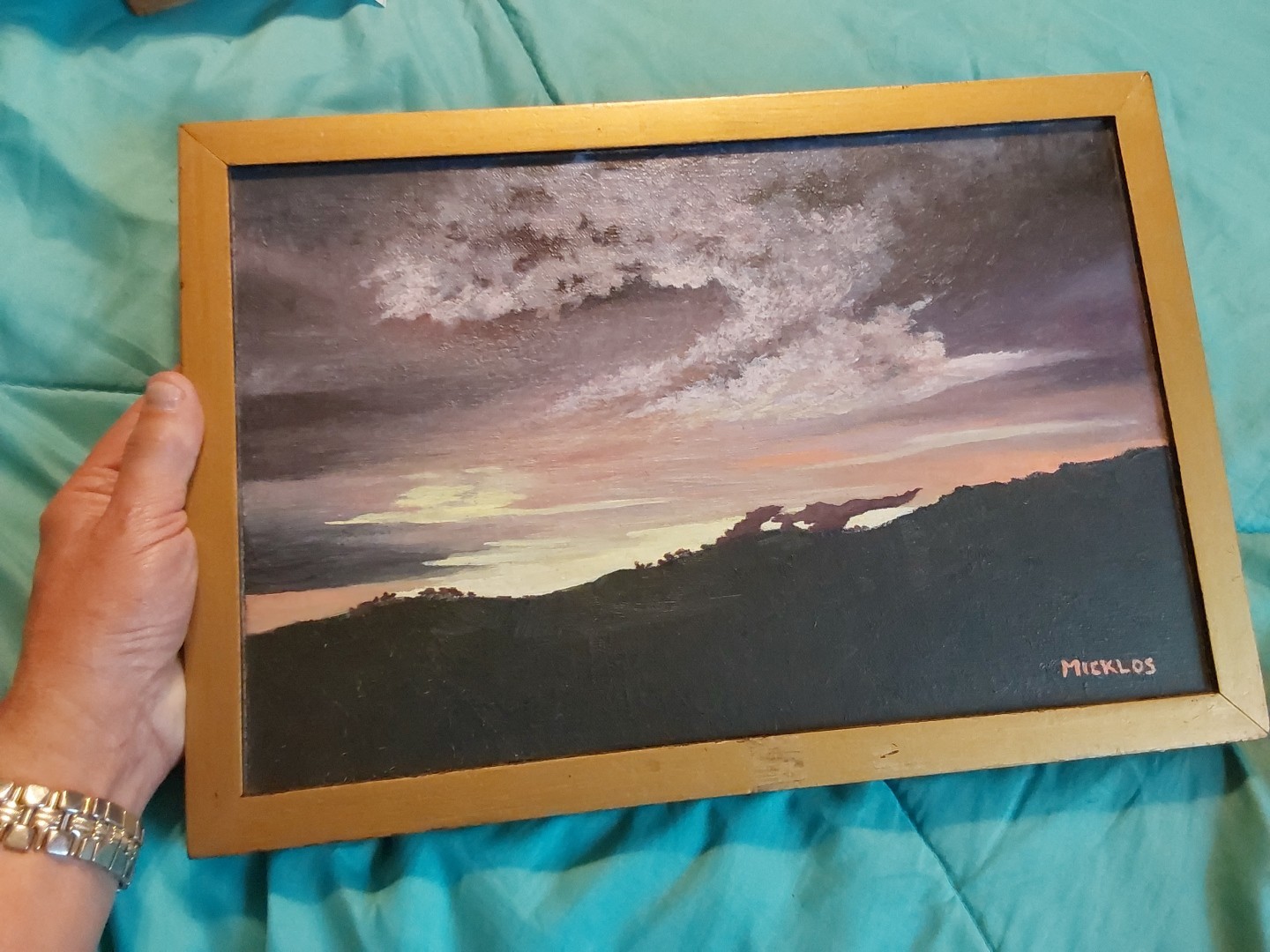 VINTAGE ORIGINAL OIL PAINTING EVENING SKY 16.25″ X 11.25″ GC