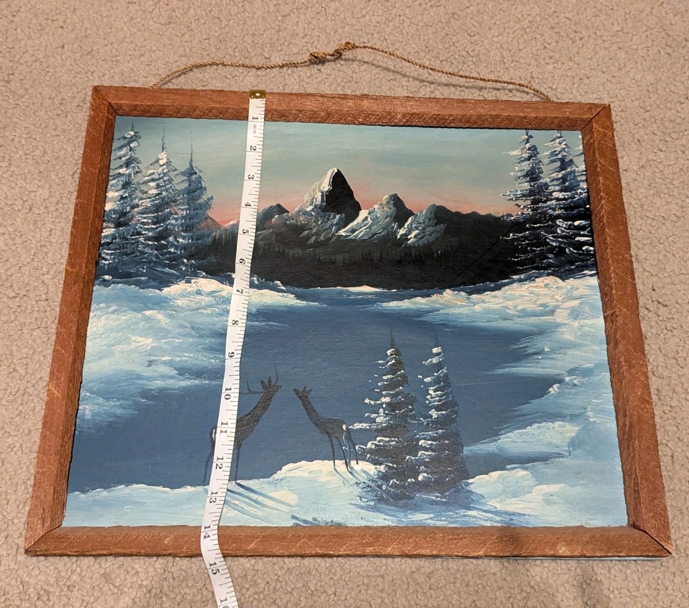 Vtg Primitive Rustic Frame With Painting Deer Winter Scene On Frozen Pond