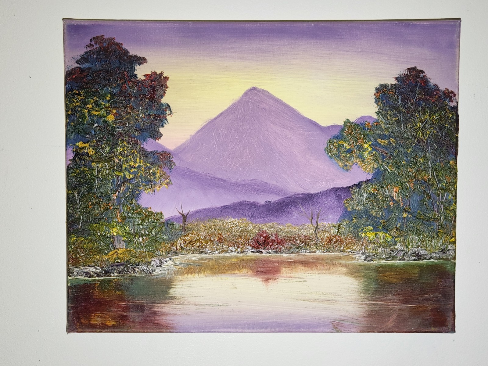 Mountain River Oil Painting Done in the Bob Ross Wet on Wet Style 16×20