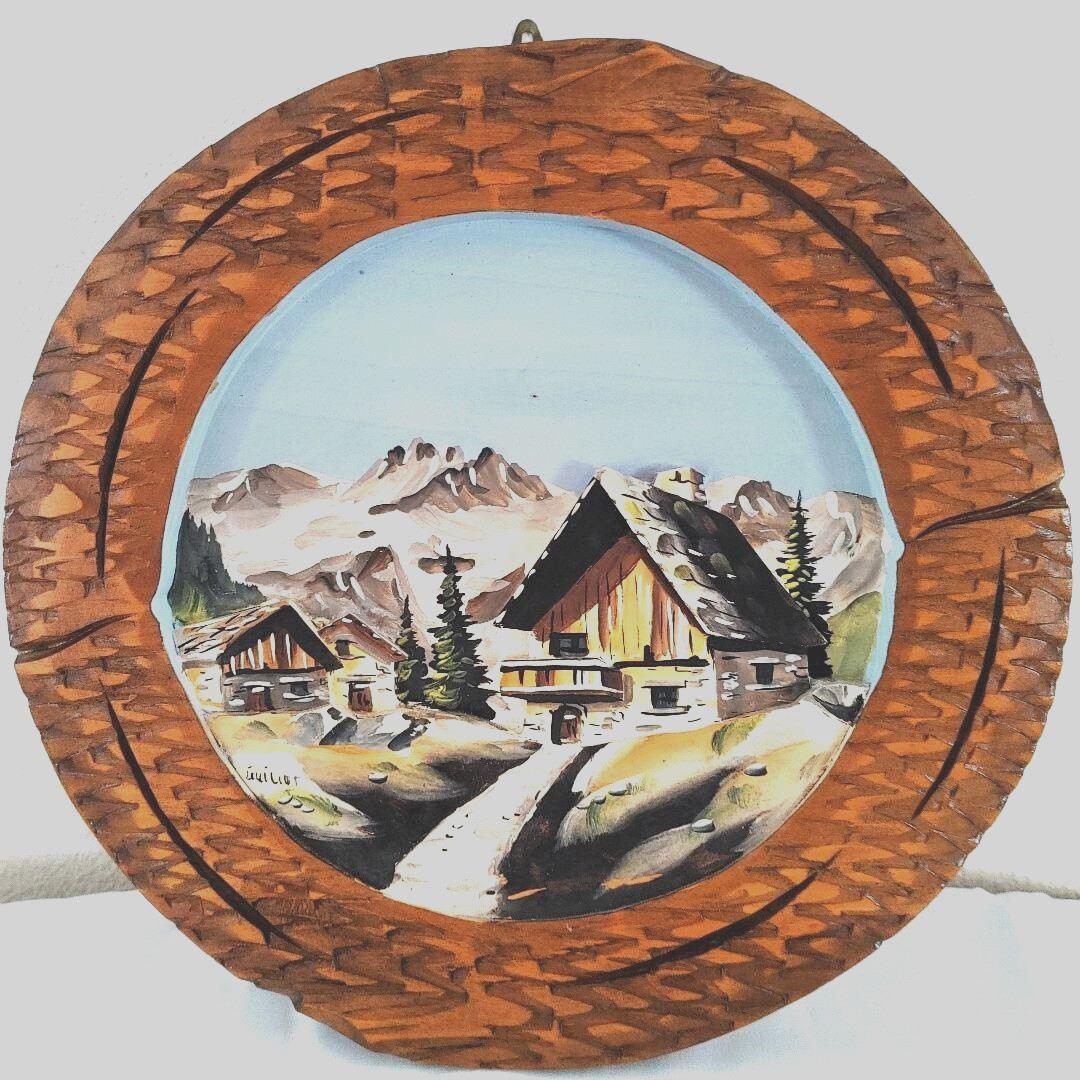 Vtg. Wall Hanging Artist Signed Mountain Village Round Wooden Hand Carved Frame