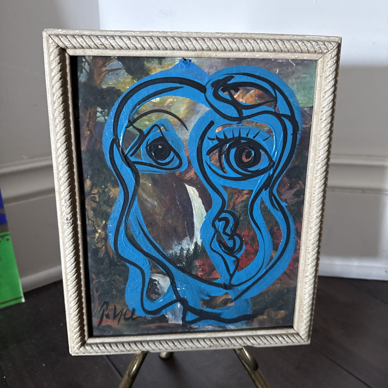 Peter Keil Blue Early Abstract Cubist Portrait Painting 11” X 9” Waterfall Scene