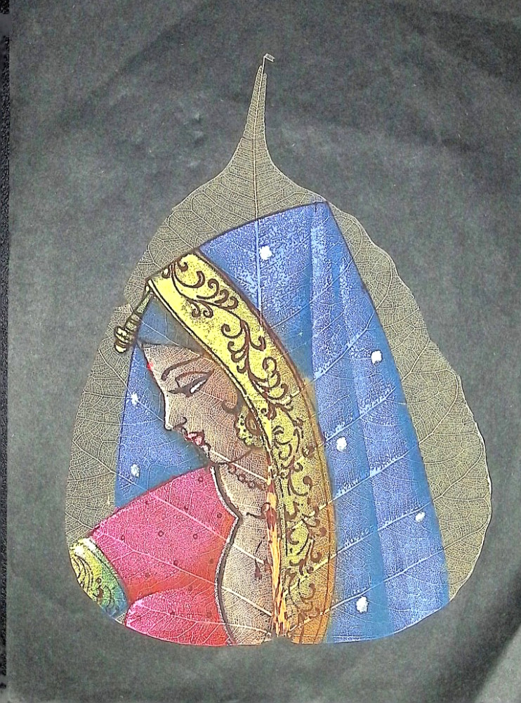 Hand Painted Oil Color on Skeleton Pipal Tree Leaf Indian Radha Krishna