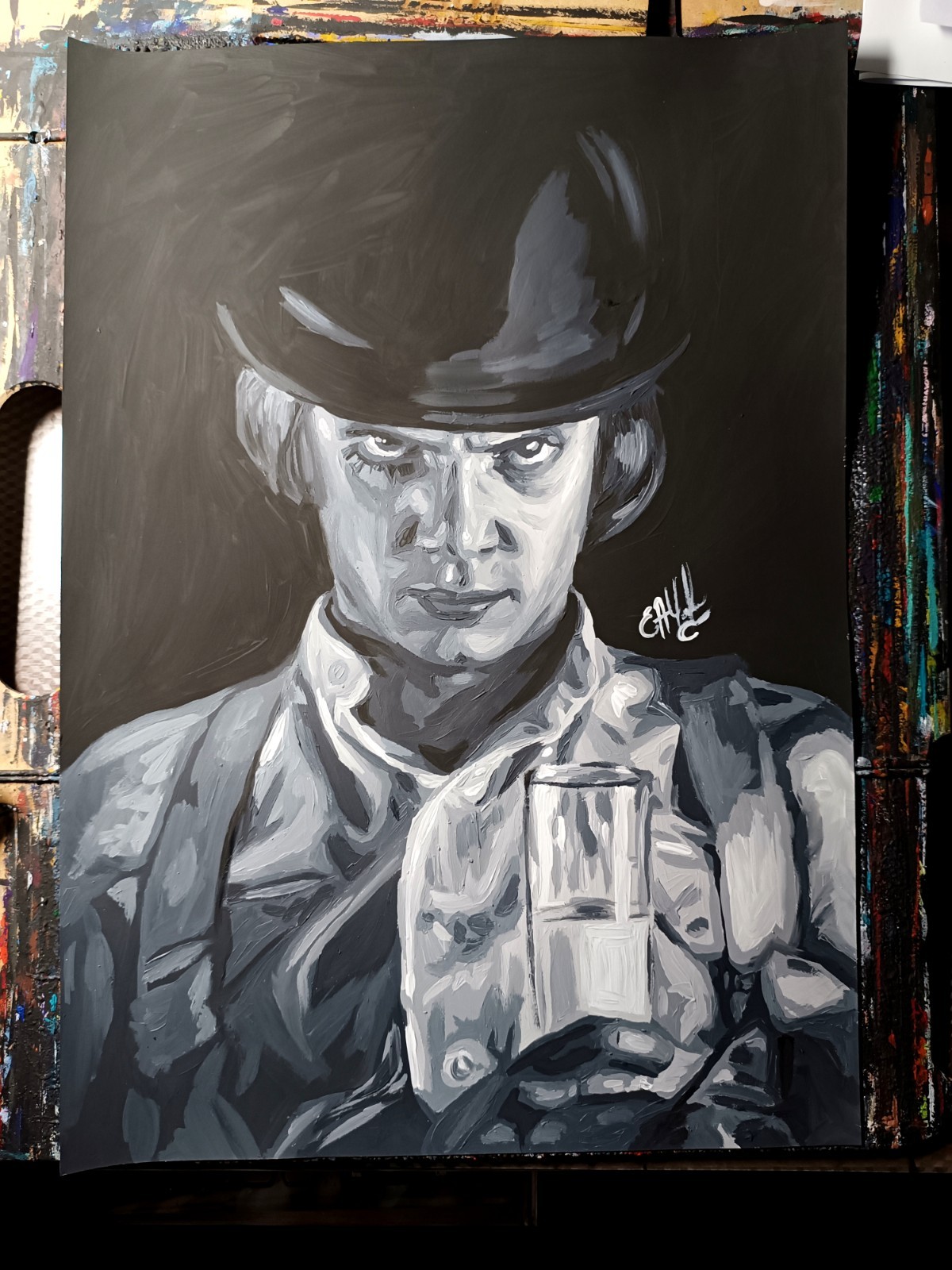 portrait of Alex DeLarge, clockwork orange , paper, acrylic, handmade