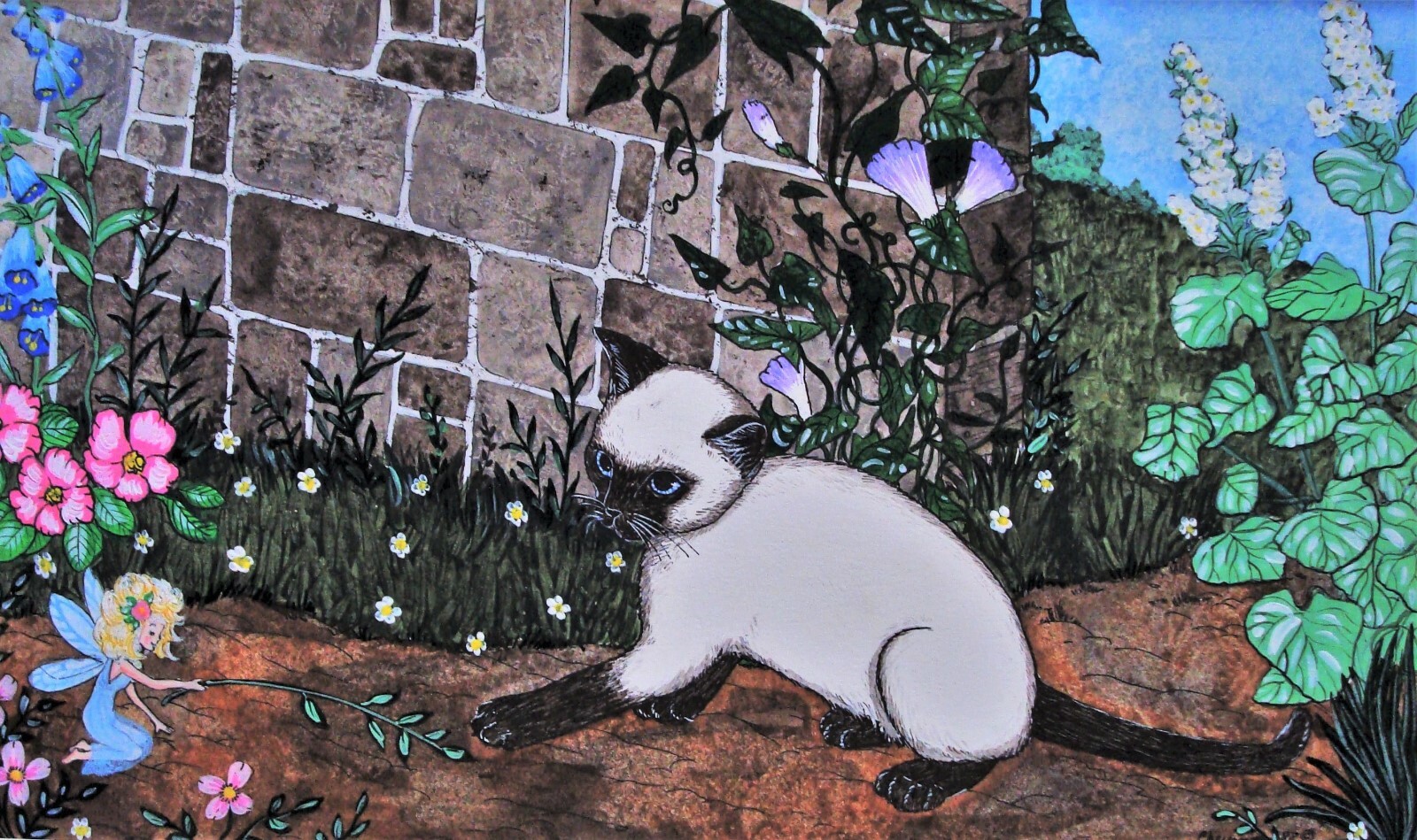 Signed CHEYENNE – Siamese Cat with a Fairy Watercolor/Gouache/Ink Painting