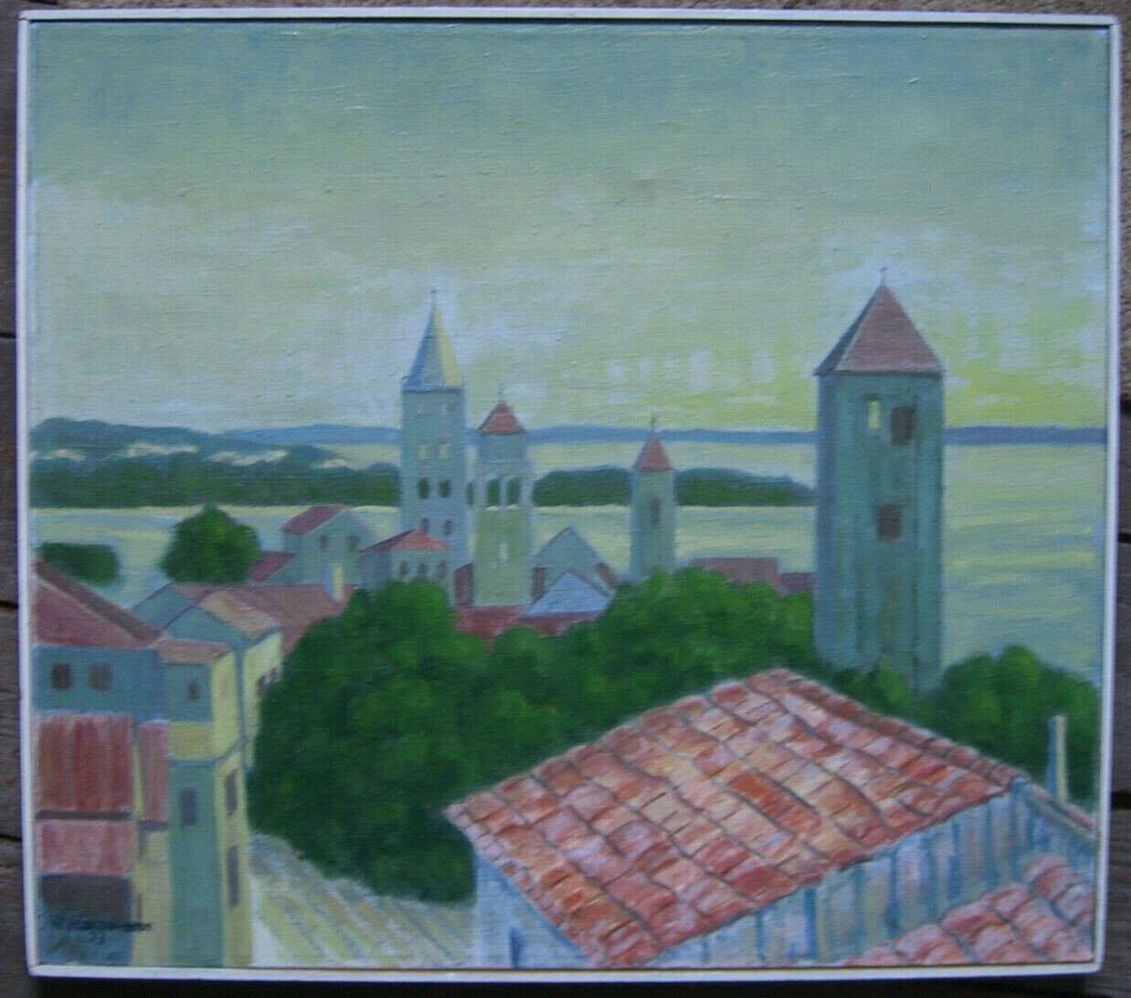 Houses At Sea ° Oil Painting Mediterranean City Rab Croatia W.Haizmann 1973