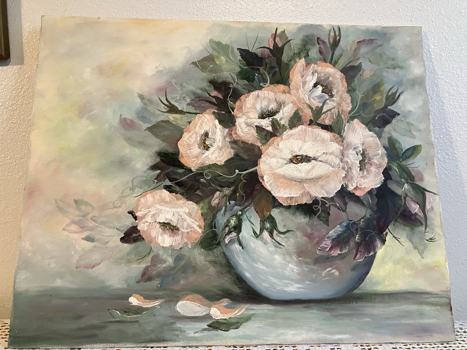 VINTAGE Pink Roses or Poppies Flowers 16X20 Painting on Stretched Canvas Signed