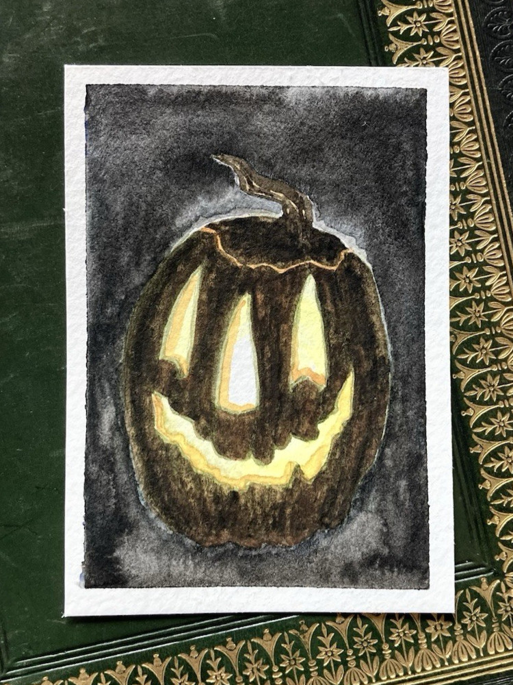 ACEO Original Watercolor Halloween Jack-o’-Lantern Artist Signed Mini Painting