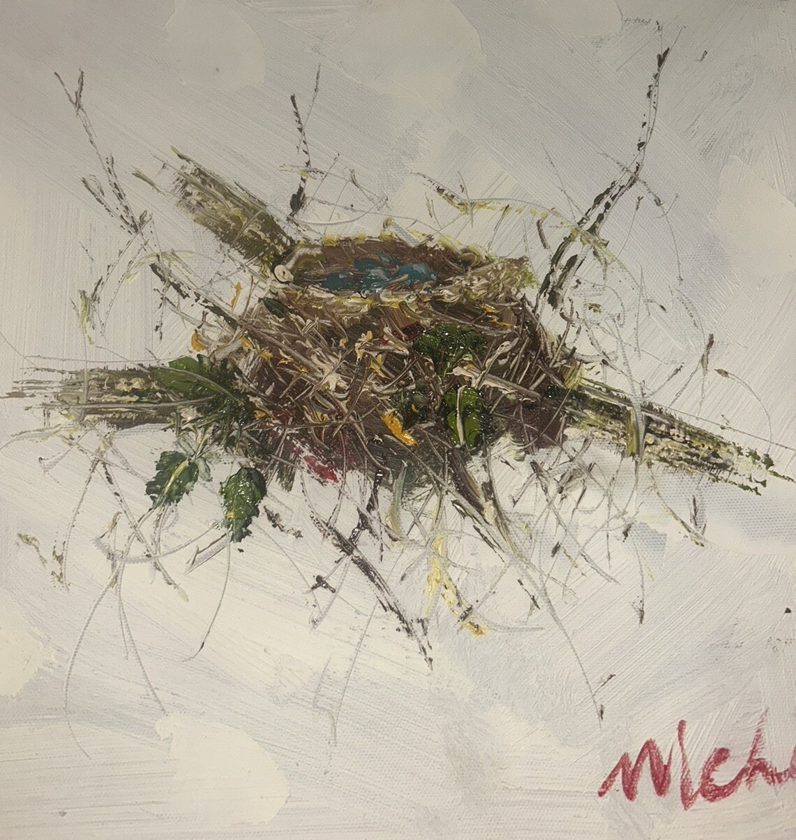 VTG Signed Bird’s Nest W/Blue Eggs & Leaves Painting Canvas Framed 19.25”Sq