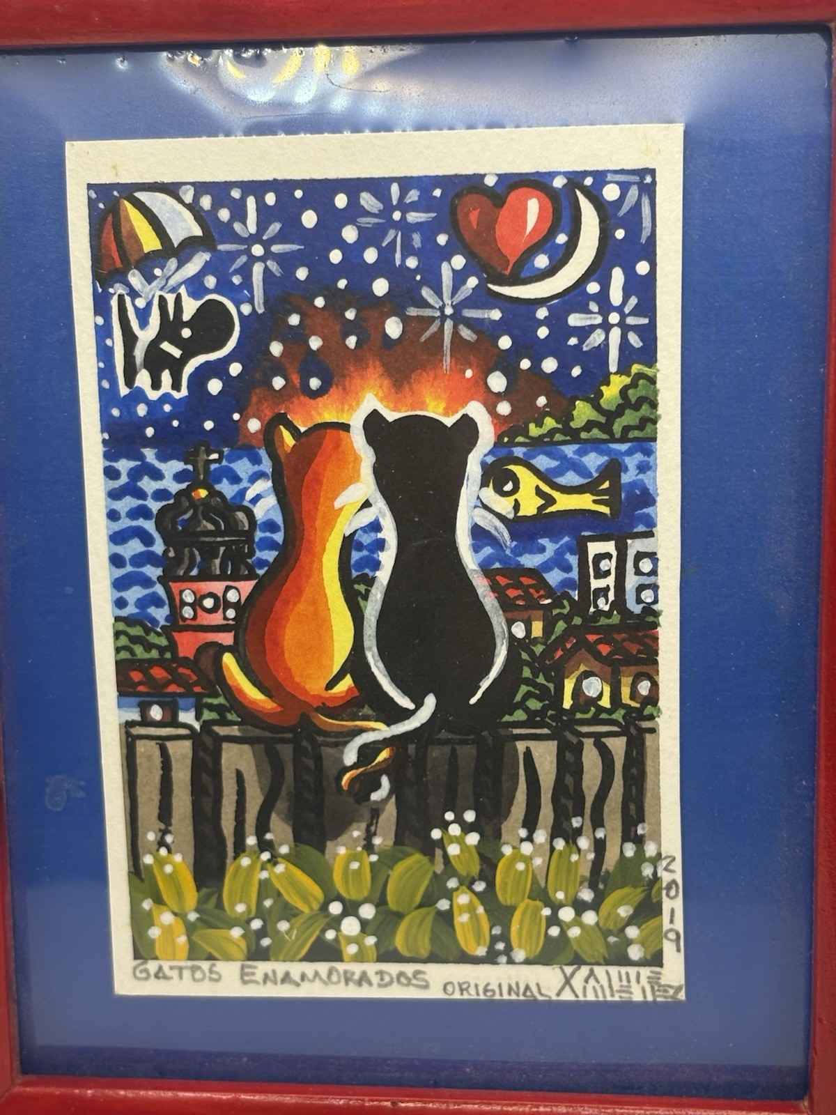 Xaime Ximenez Original Folk Art Cats Painting Gatos Enamorados Framed 3” X 5”