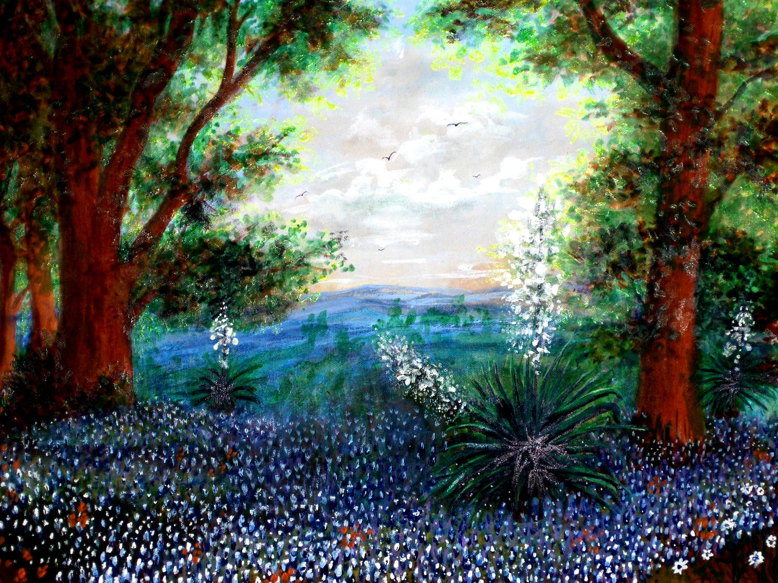 GORGEOUS Original Bluebonnet Landscape Bird Sky Blooming Yucca TX VINTAG Oil Art