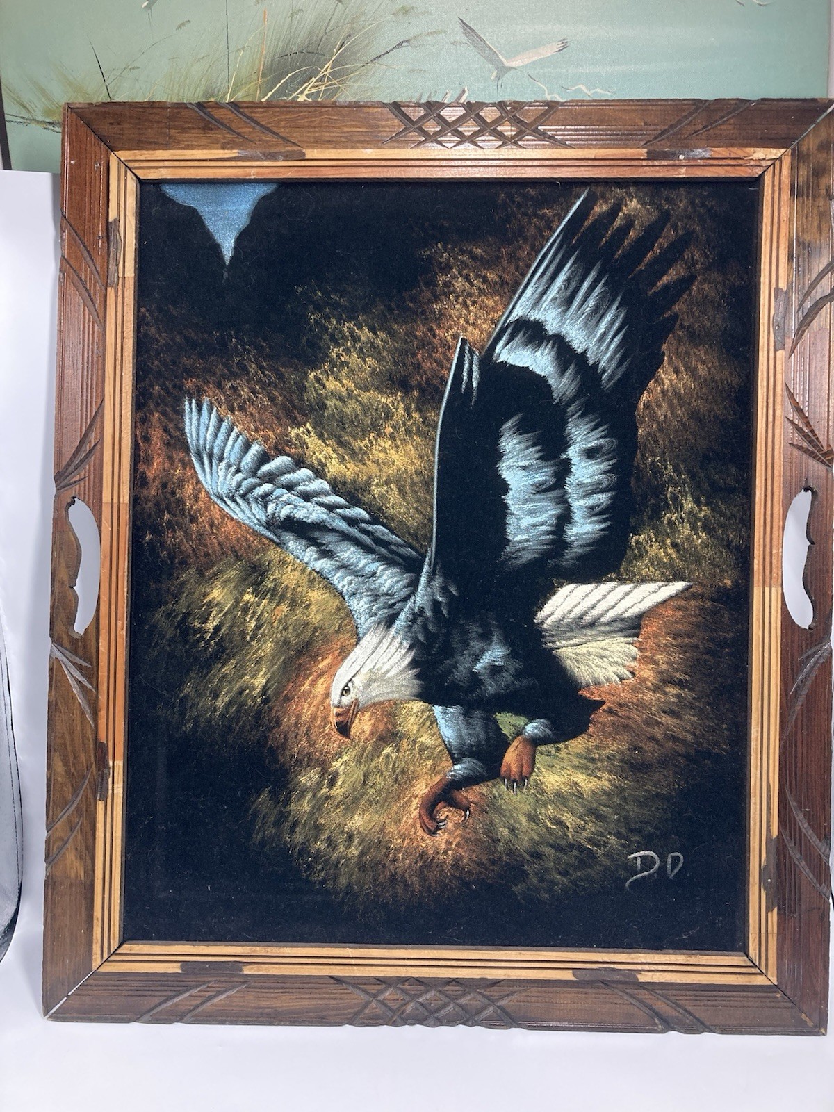 Vintage Oil On Velvet Painting Bald Eagle Carved Wood Frame Beautiful