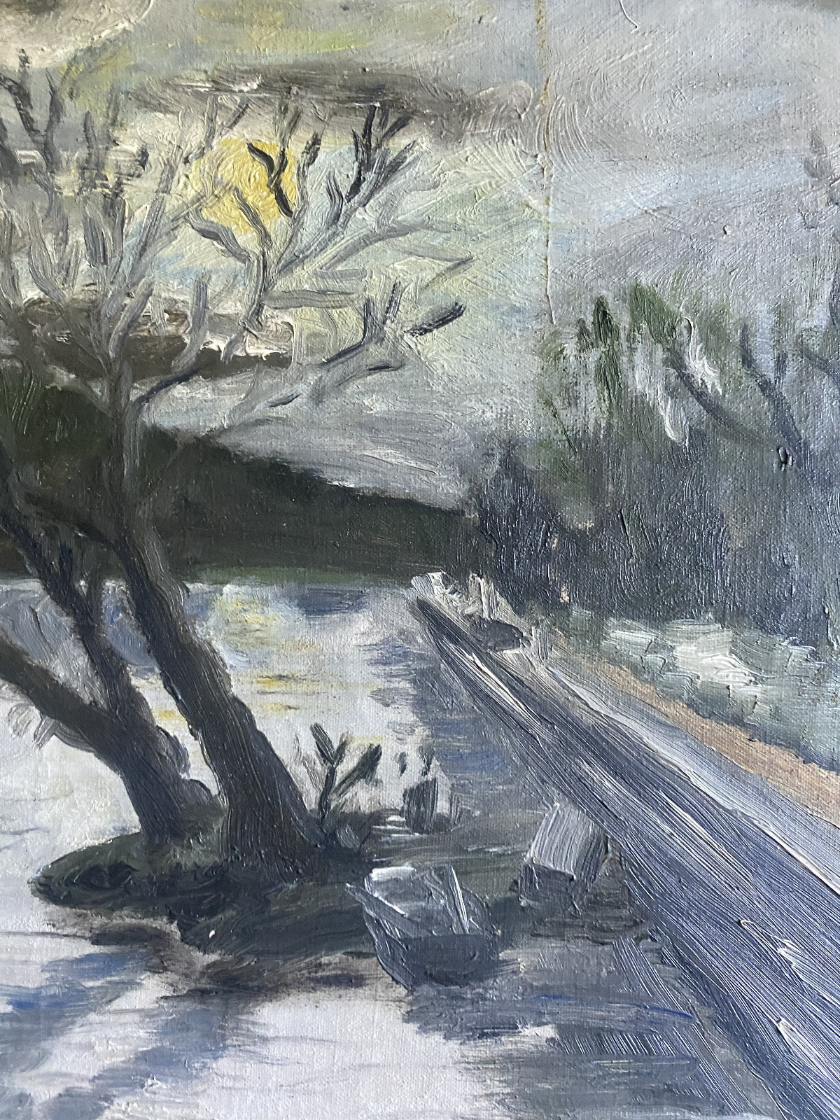 Winter 1943 Düsterer Baum Wintersun Street Signed Illegibly Antique Forest