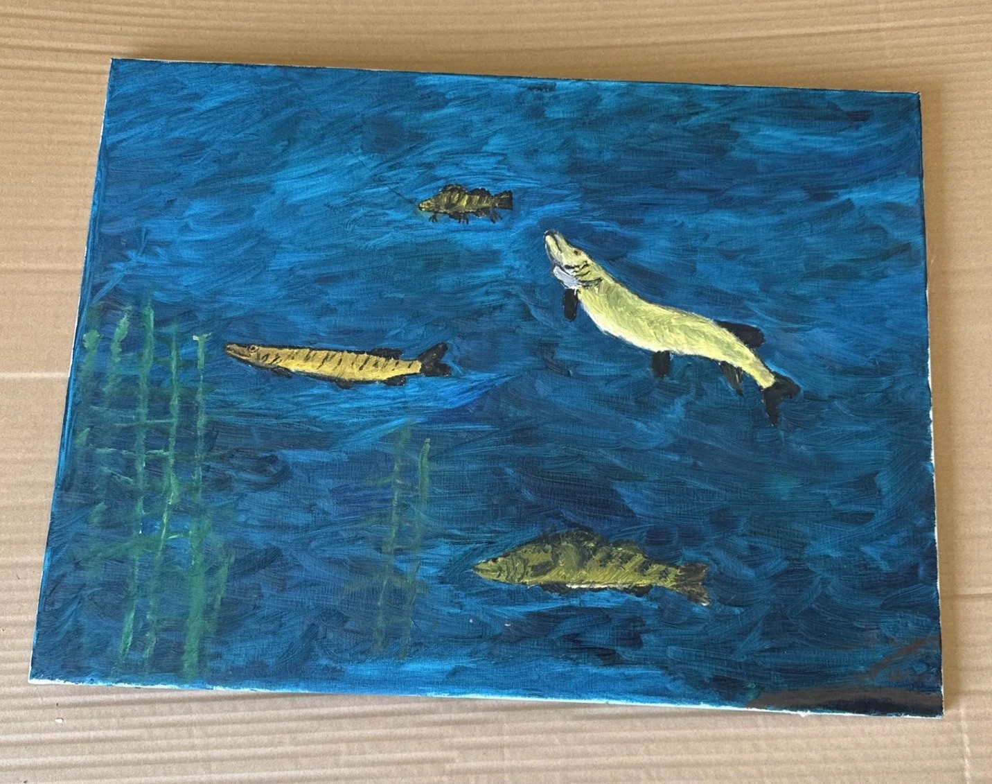 Original Vtg Muskellunge Musky Pike Fish Walleye Perch Oil Painting 18”x24” OOAK