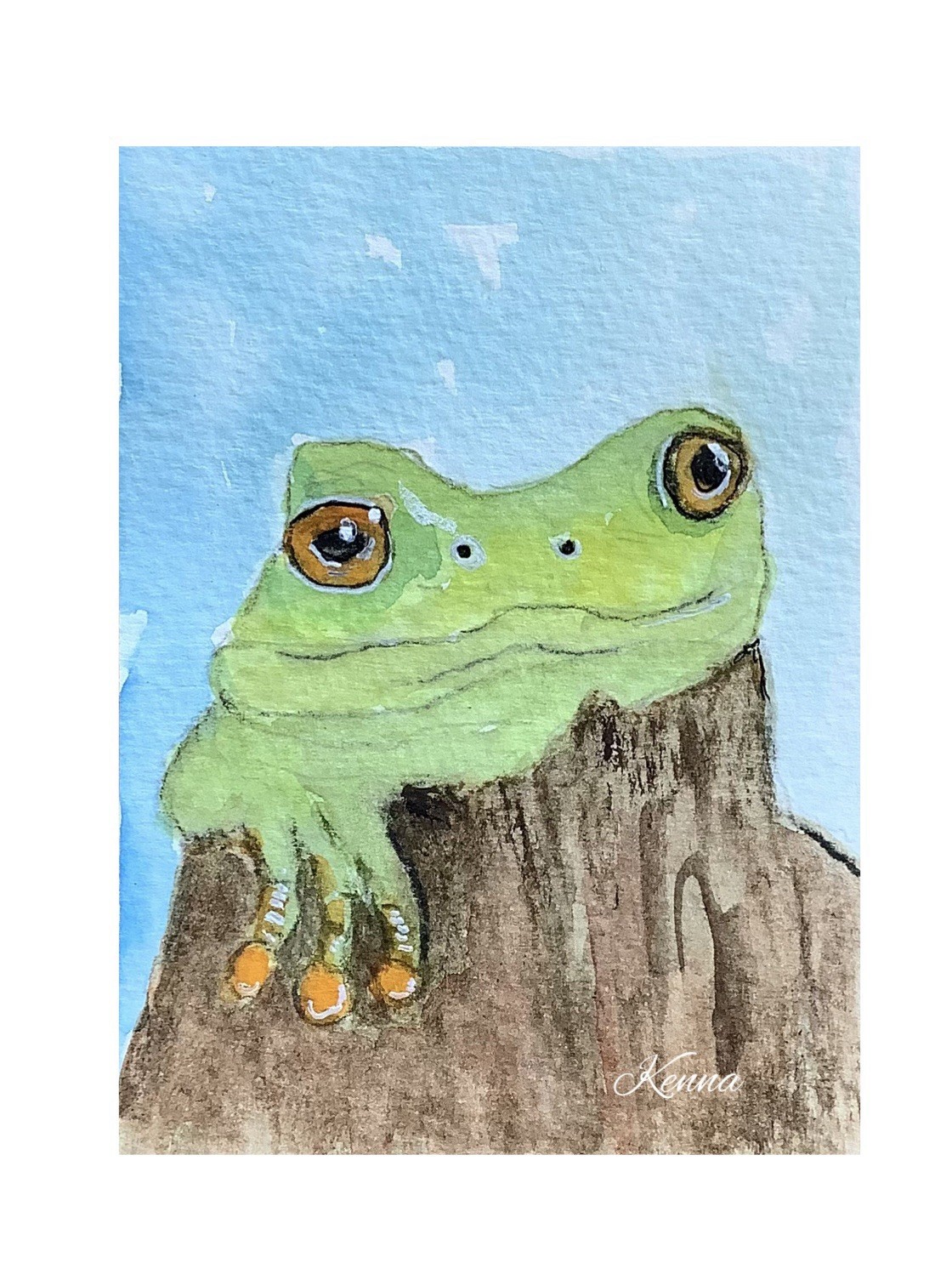 ACEO By Kenna Watercolour Original Painting Green Frog 2.5” X 3.5” Signed ÀTC
