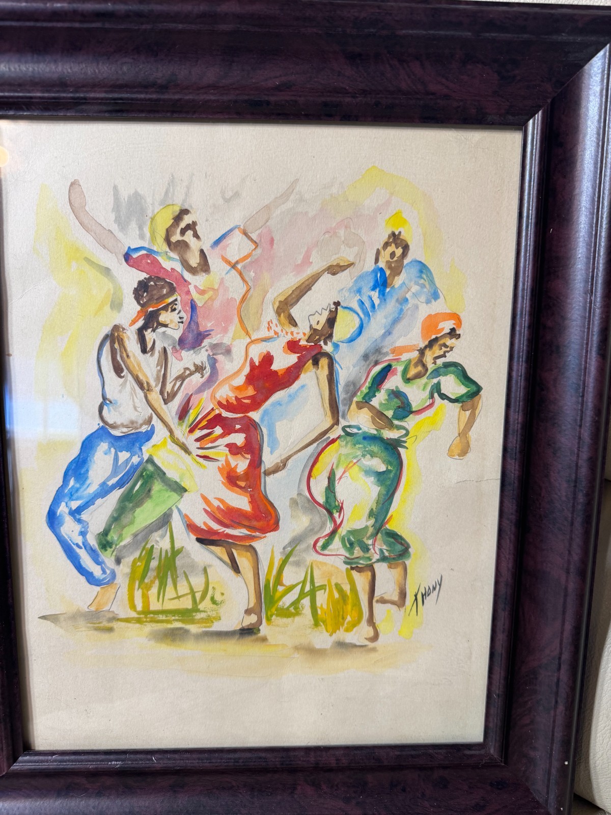 Vintage T Hony «Figures Dancing Scene» Watercolor Painting – Signed And Framed